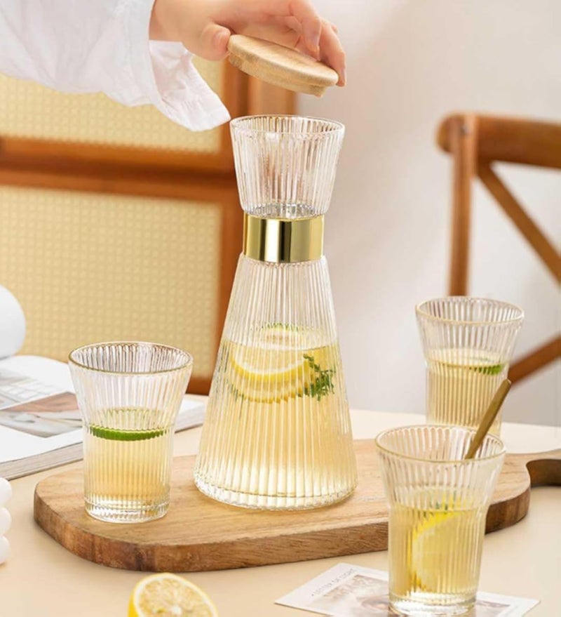 طقم إبريق زجاجي كريستالي عادي مع 6 أكواب، طقم أدوات شرب أنيق بتصميم مضلع مكون من 7 قطع، بلمسة نهائية ذهبية عسلي.